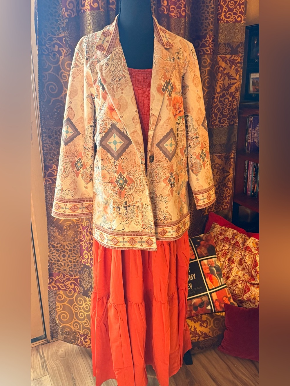 Seduzzione Faux suede southwestern jacket over a Spicy Pumpkin maxi dress